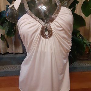 White House Black Market Rouched Front Halter Top size S w/ Metallic Neckline